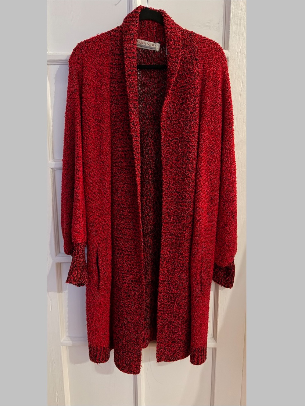 Vintage Karen Scott Red & Black Bouclé Open-Front Jacket Duster